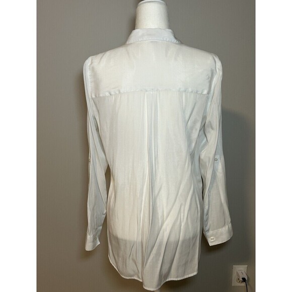 EXPRESS Top Button Up Shirt Sheer White Blouse Long Sleeve Pockets Women Medium - Picture 3 of 8